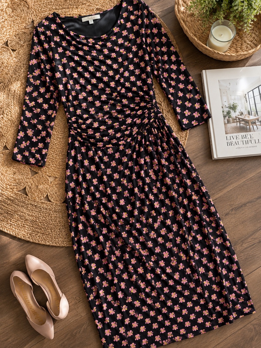 Boden Butterfly Print Ruched Draped Midi Dress Black Pink Stretch M
